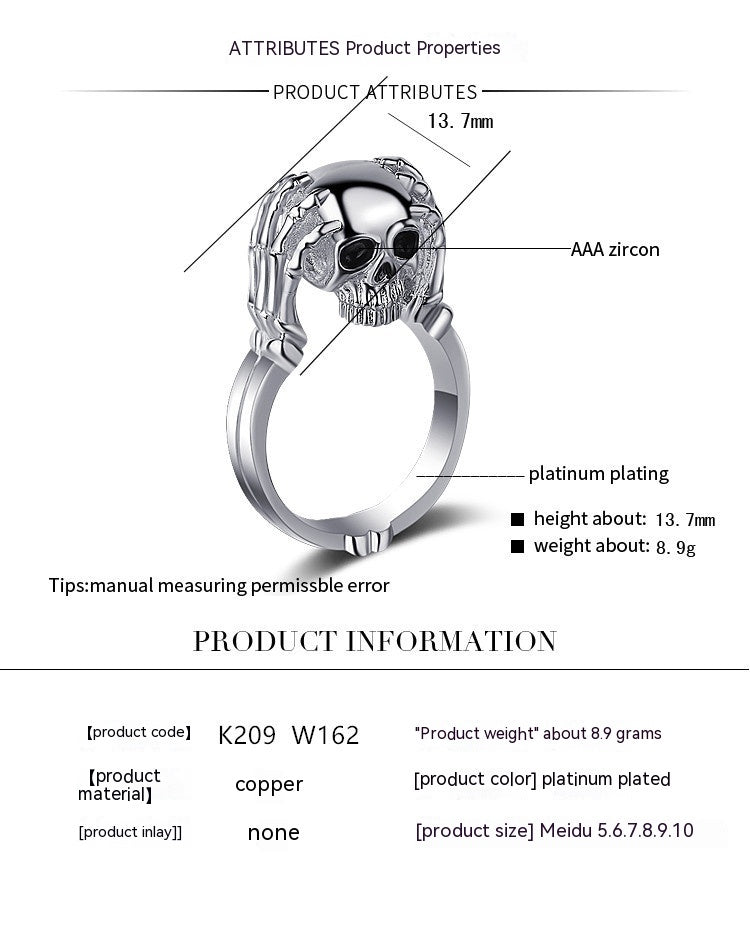 Vintage Oil Dripping Skull Hand Ring Exaggerated And Personalized Alternative Punk European And American