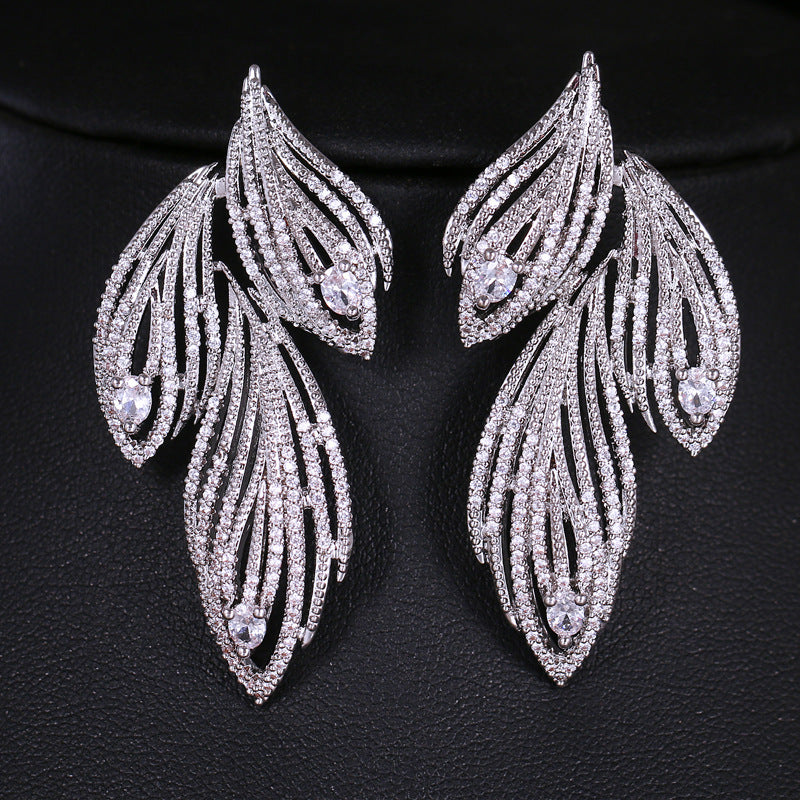 Leaf-shaped Full Rhinestone Zircon Earrings For Women