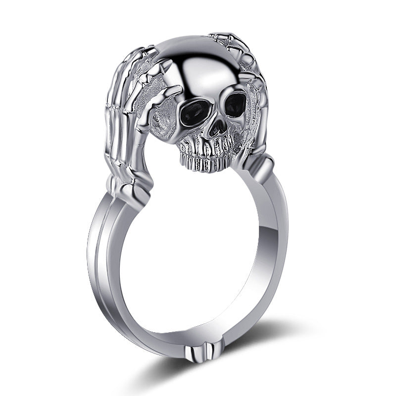 Vintage Oil Dripping Skull Hand Ring Exaggerated And Personalized Alternative Punk European And American